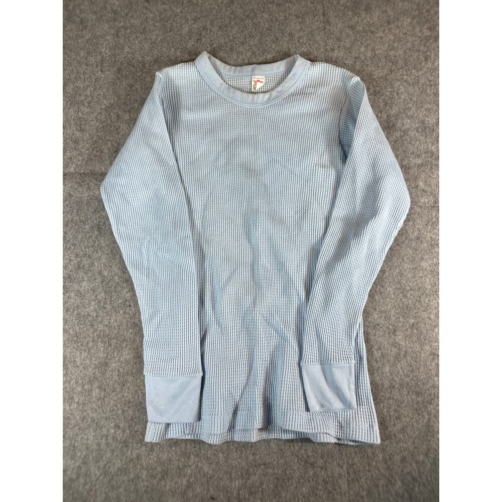 Vintage 70s Valentines Waffle Knit Crewneck Long Sleeve T Shirt Mens Medium Blue